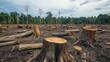 © atipong - A barren forest with tree stumps and cut logs scattered across the ground representing deforestation and resource depletion