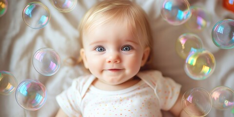 Sticker - A baby is laying on a bed with a bunch of colorful bubbles surrounding it. The baby is smiling and looking at the camera. Concept of joy and innocence, as the baby is surrounded by a playful