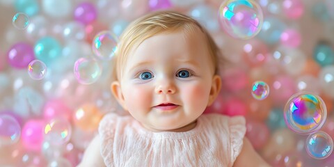 Sticker - A baby is laying on a pink surface with a lot of bubbles. The baby is smiling and looking at the camera. The bubbles are in various colors and sizes, creating a fun and playful atmosphere