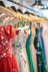 Wall Mural - A rack of dresses with a red dress in the foreground. The dresses are all different colors and styles