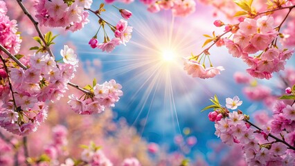 Beautiful spring border with pink blossom tree and sun flare , nature, blooming, tree, pink, blossom, sunlight, background, art