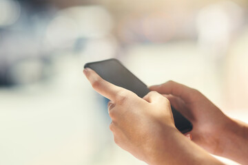 Hands, phone and communication in city for website, social media and networking with app, email or web. Female person, closeup and mobile outdoor for vacation, travel and connection with text message