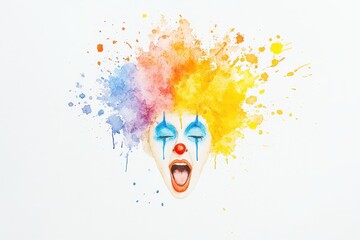 Watercolor painting of a clown with vibrant rainbow-colored wig