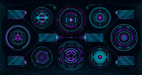 Poster - Circular futuristic HUD elements, digital Sci Fi interface. Future technology cyber game UI vector graphic, futuristic HUD control panel elements, round holograms, info boxes and callout title frames