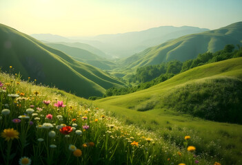 Lush green hills with vibrant wildflowers create serene landscape. gentle slopes and distant mountains evoke sense of tranquility and natural beauty