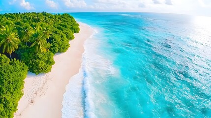 Wall Mural - Aerial view of a pristine beach with turquoise waters, lush greenery, and gentle waves lapping on a white sandy shore.