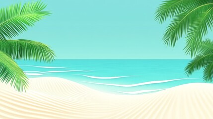 A serene beach scene with gentle waves and palm trees, evoking relaxation and tranquility.