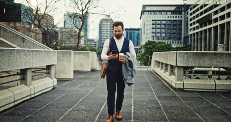 City, phone and walking with business man outdoor for communication, networking or travel. App, corporate and text message with professional employee in urban town for commute to work location