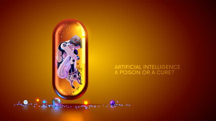 Leinwandbilder - AI robot inside glass capsule of medicine. Artificial intelligence or AI in image of female robot in position of an embryo in pill. Artificial intelligence technology. Artificial neural network.