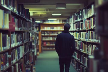 A solitary figure strolls down the narrow aisles of a library, absorbing the tranquility. Books line the shelves on either side, creating a peaceful atmosphere for exploration and study