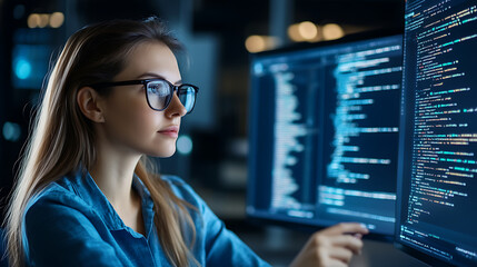 Women in glasses reading html scripts, programming and cyber security research, plus data analytics and holograms of data. A coding or IT person in glasses is reading html scripts
