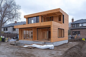 A modern two story house under construction with exposed wooden framework on a suburban lot