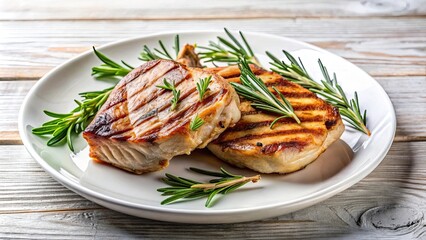 Grilled pork chops with rosemary on a white plate, food, rosemary, grilled, pork, chops, meat, delicious, savory, meal, dinner