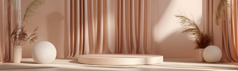 Podium 3D beige background product display stand stage pedestal platform. Mockup beige podium 3D abstract minimal studio scene beauty brown luxury pastel wall render silk cosmetic geometric shadow. 