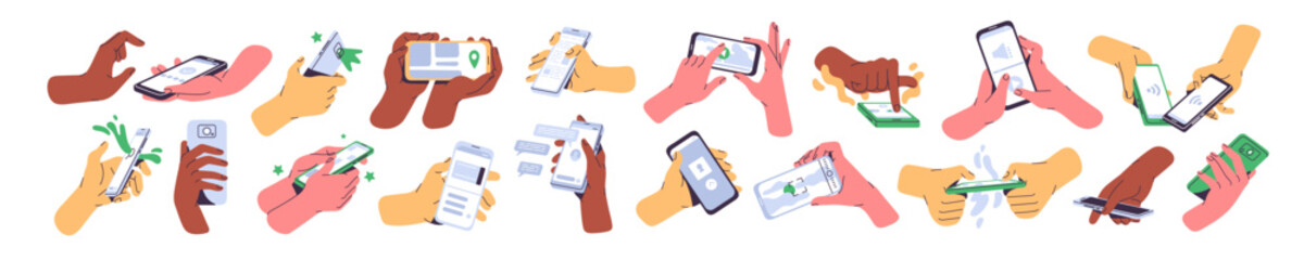 Mobile phones are in hands set. People hold smartphones, using to search information in internet, take photos. Texting, online communication by telephone. Flat isolated vector illustrations on white