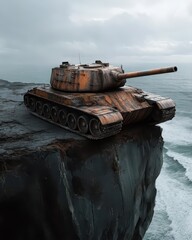 Wall Mural - Abandoned tank perched on a cliffside overlooking the vast ocean, a haunting relic of the past.