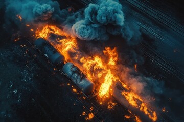 Train engulfed in flames, smoke billowing. This image depicts the danger and destruction of a train fire, perfect for illustrating disaster and emergency response.