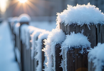 The hoarfrost-covered wooden fence glitters in the morning sun