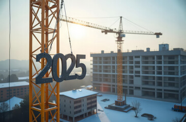 At a construction site, a construction crane holds gray numbers 2025 on cables, winter