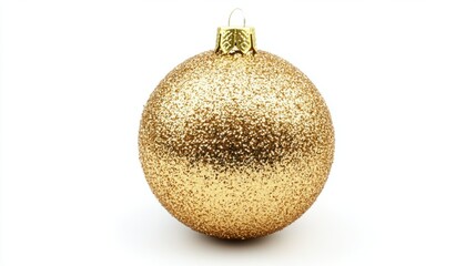 Glittery gold Christmas ball ornament with sparkle effects, isolated on a plain white background