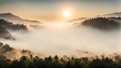 Wall Mural - a sunlight foggy scene with nature in the background