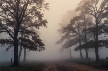 Wall Mural - a sunlight foggy scene with nature in the background
