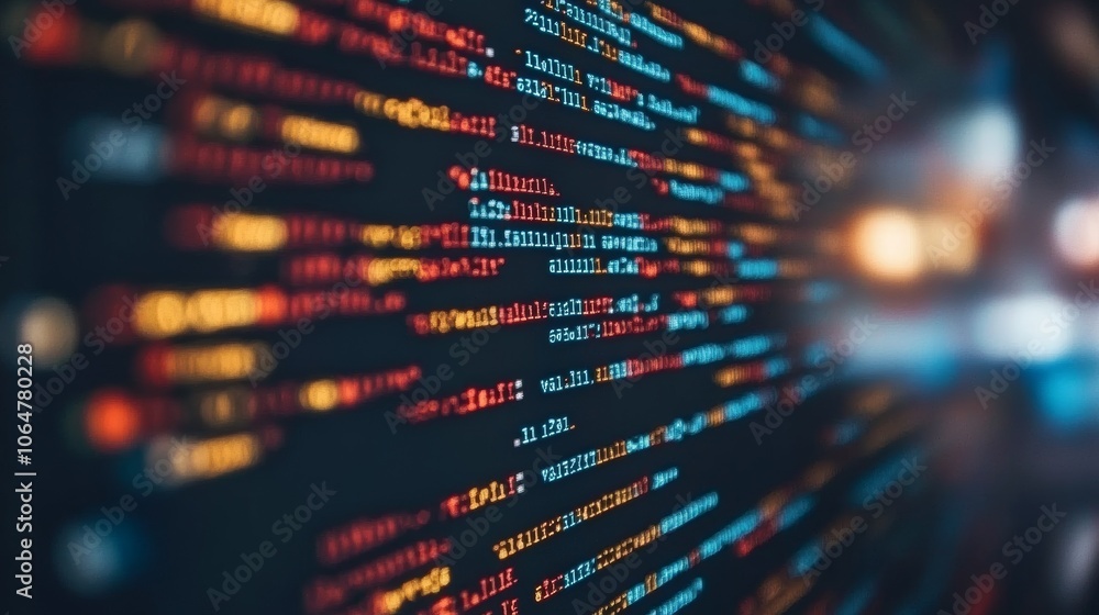 Blue source code displayed on a black background showcasing programming ...