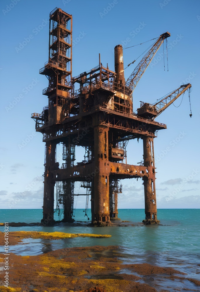 A rusty and abandoned industrial oil rig stands in the ocean. Complete ...