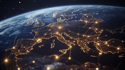 europe at night with glowing city lights. this image depicts the interconnectedness of the continent