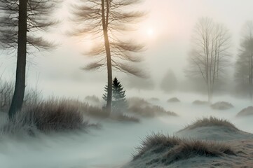 Wall Mural - a sunlight foggy scene with nature in the background