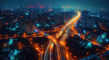 Aufkleber - A night cityscape, aerial view, city lights glowing, highway light trails, clear night sky.