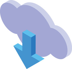Wall Mural - big blue download arrow pointing down near purple cloud representing cloud storage and data download