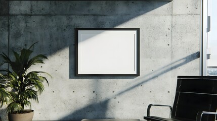 Wall Mural - A simple picture frame on a concrete wall in an office, with modern furniture and metal and glass accents nearby.