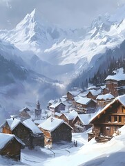 Wall Mural - A small mountain village in the Alps, with wooden chalets covered in snow, nestled among tall peaks. 