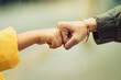 © peopleimages.com - Hands, people and fist bump outdoor for support, teamwork and achievement during family bonding with touch. Closeup, celebration and thank you for motivation, development and connection with child
