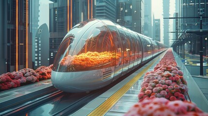 Aufkleber - A high-speed, transparent glass, fashionable train, station on a platform in a modern cityscape.