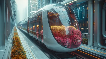 Aufkleber - A high-speed, transparent glass, fashionable train, station on a platform in a modern cityscape.
