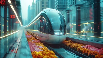 Aufkleber - A high-speed, transparent glass, fashionable train, station on a platform in a modern cityscape.