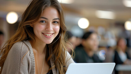 Aufkleber - A young woman is smiling working on a laptop in an office or college setting, showing success. In the background, there is a group of people.