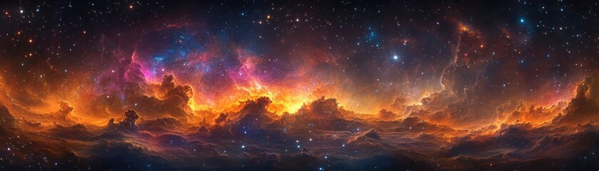 Wall Mural - Stunning Cosmic Landscape with Vibrant Nebula Clouds and Starry Sky in a Panoramic View of the Universe