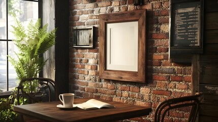 Canvas Print - A wooden picture frame on a brick wall in a rustic café, surrounded by vintage decor, with a coffee cup and a book on a table in front. 