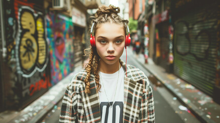 Wall Mural - A young woman with red headphones and a plaid coat in the middle of an empty street with graffiti