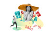 © deagreez - Poster banner collage of amazed lady impressed season summer bargains special offer for tourist
