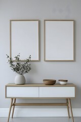 Wall Mural - Blank picture frame mockup on gray wall. White living room design. View of modern scandinavian style interior with artwork mock up on wall. Home staging and minimalism concept