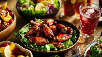 A festive party table with an array of chicken wings in bold