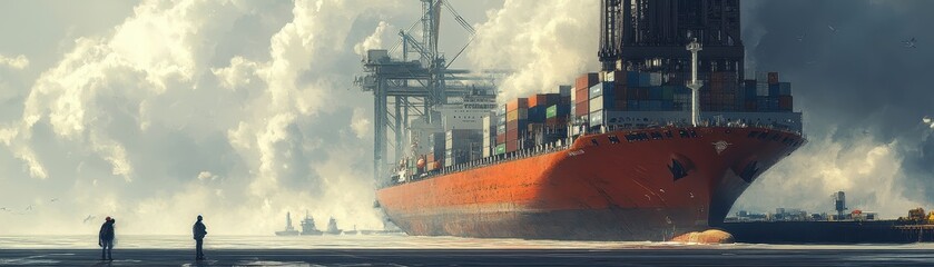 Wall Mural - ** Majestic Cargo Ship Docking at Industrial Port Amidst Dramatic Clouds and Silhouetted Workers in a Dynamic Maritime Scene..**