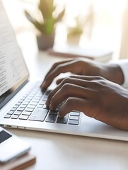 Man hands typing on computer keyboard closeup, businessman or student using laptop at office, online learning, internet marketing, working from home, office workplace freelance concept