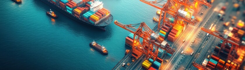 Wall Mural - Aerial View of a Bustling Container Port with Cargo Ships and Cranes Illuminated at Dusk, Showcasing Global Trade and Maritime Logistics