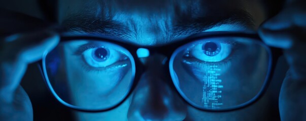 Focused programmer intently analyzing lines of code on a computer screen in a modern workspace.