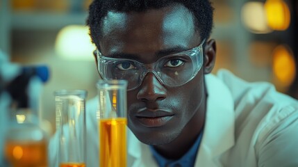 A scientist examining a test tube with a vivid chemical reaction taking place inside, in a well-equipped laboratory.